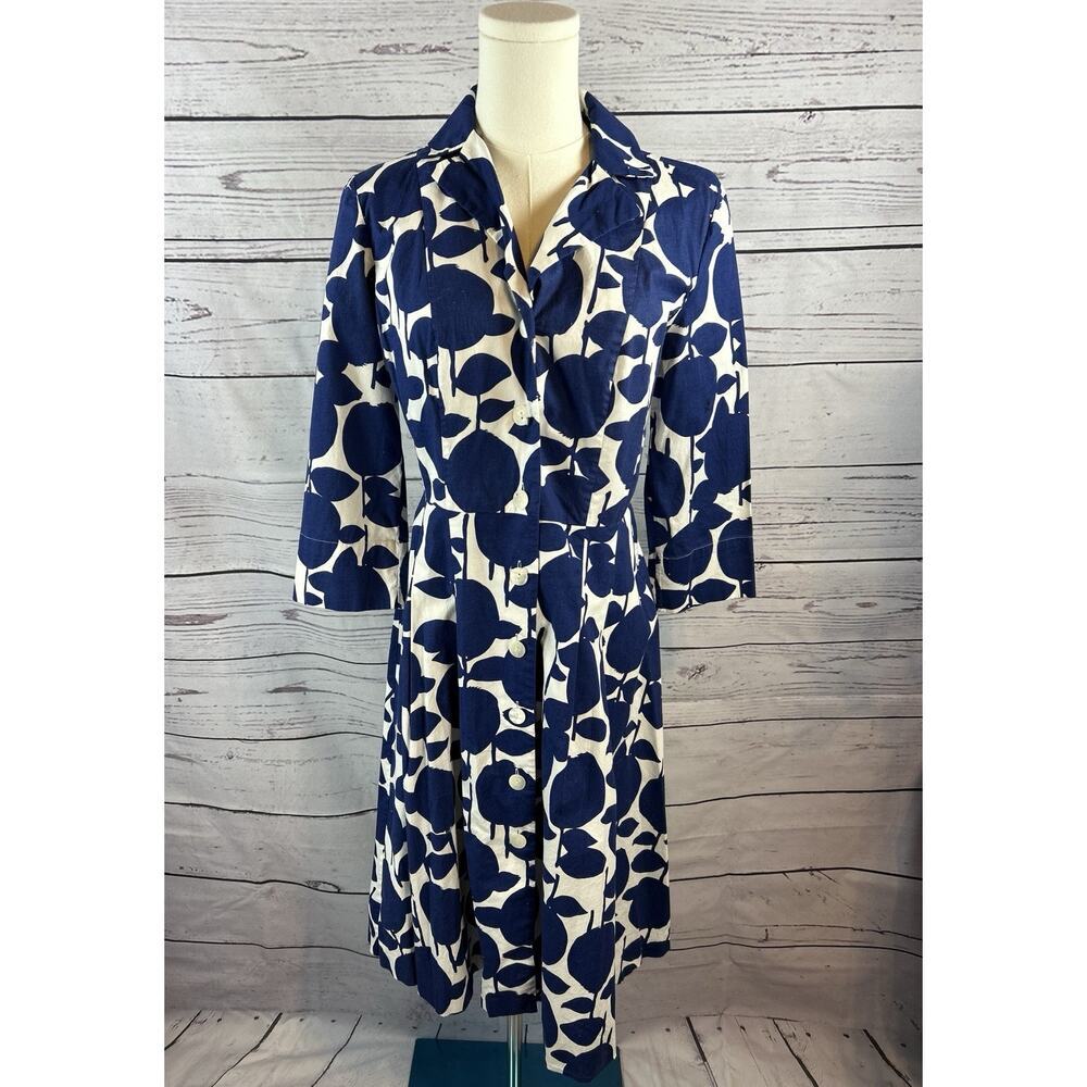 Boden Blue and White Printed Dress Womens 6R Button Front Boho Midi